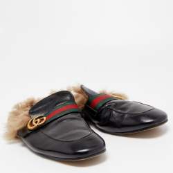 مملوكة مسبقًا Gucci Black Leather And Fur Lined GG Web Princetown Mules Size 46
