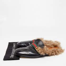 مملوكة مسبقًا Gucci Black Leather And Fur Lined GG Web Princetown Mules Size 46