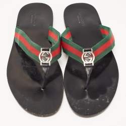 Gucci Tricolor Leather and Canvas Web Interlocking G Thong Slides Size 47