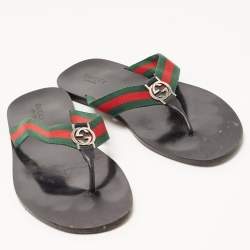 Gucci Tricolor Leather and Canvas Web Interlocking G Thong Slides Size 47