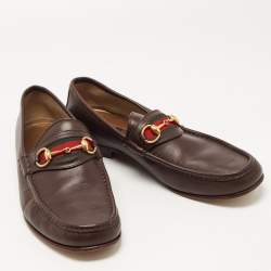 Gucci Dark Brown Leather Web Horsebit Loafers Size 46
