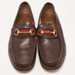 Gucci Dark Brown Leather Web Horsebit Loafers Size 46