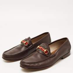 Gucci Dark Brown Leather Web Horsebit Loafers Size 46