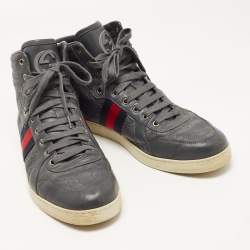 Pre Owned Gucci Grey Guccissima Leather Web High Top Sneakers Size 44.5