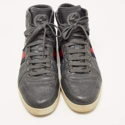 Pre Owned Gucci Grey Guccissima Leather Web High Top Sneakers Size 44.5