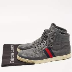 Pre Owned Gucci Grey Guccissima Leather Web High Top Sneakers Size 44.5