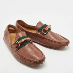 Gucci Brown Leather Bamboo Horsebit Web Detail Loafers Size 44