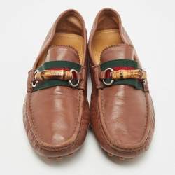 Gucci Brown Leather Bamboo Horsebit Web Detail Loafers Size 44
