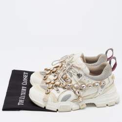 Gucci White Leather and Mesh Flashtrek Rhinestone Sneakers Size 42