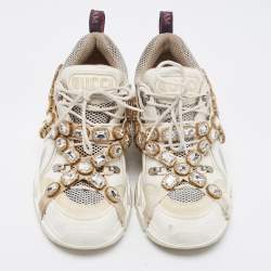 Gucci White Leather and Mesh Flashtrek Rhinestone Sneakers Size 42