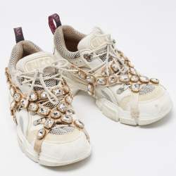 Gucci White Leather and Mesh Flashtrek Rhinestone Sneakers Size 42