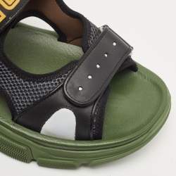 Gucci Black/Green Leather and Mesh Sega Sandals Size 44