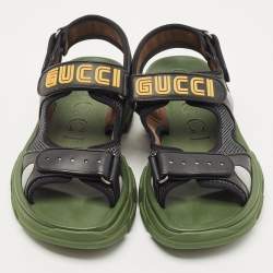 Gucci Black/Green Leather and Mesh Sega Sandals Size 44