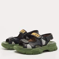 Gucci Black/Green Leather and Mesh Sega Sandals Size 44