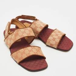 Gucci Beige/Red GG Canvas Flat Sandals Size 42