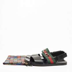 مملوكة مسبقًا Gucci Black Leather and Canvas Horsebit Web Flat Sandals Size 44