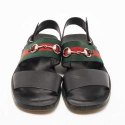 مملوكة مسبقًا Gucci Black Leather and Canvas Horsebit Web Flat Sandals Size 44