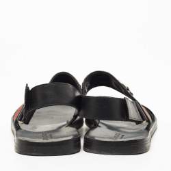 مملوكة مسبقًا Gucci Black Leather and Canvas Horsebit Web Flat Sandals Size 44
