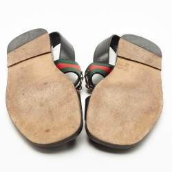 مملوكة مسبقًا Gucci Black Leather and Canvas Horsebit Web Flat Sandals Size 44