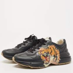 Pre Owned Gucci Black Leather Tiger Rhyton Low Top Sneakers Size 44