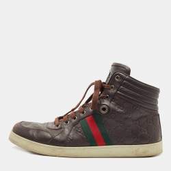 Gucci Dark Brown Guccissima Leather Web High Top Sneakers Size 45