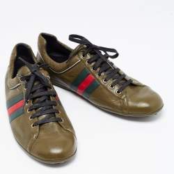 Gucci Army Green Leather Web Low Top Sneakers Size 44