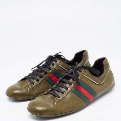 Gucci Army Green Leather Web Low Top Sneakers Size 44