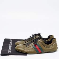 Gucci Army Green Leather Web Low Top Sneakers Size 44