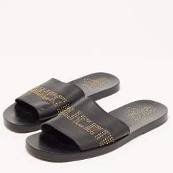 Gucci Black Leather Studded Bee Logo Slides Size 43