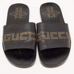 Gucci Black Leather Studded Bee Logo Slides Size 43