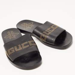 Gucci Black Leather Studded Bee Logo Slides Size 43