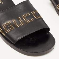 Gucci Black Leather Studded Bee Logo Slides Size 43