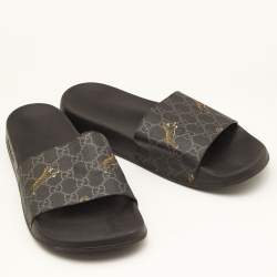 Pre Owned Gucci Black GG Supreme Canvas Tiger Flat Slides Size 45.5