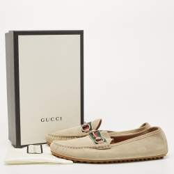 Gucci Beige Suede Web Horsebit Slip On Loafers Size 43