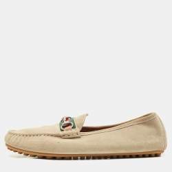 Gucci Beige Suede Web Horsebit Slip On Loafers Size 43