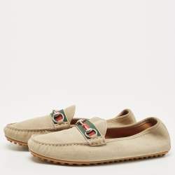 Gucci Beige Suede Web Horsebit Slip On Loafers Size 43