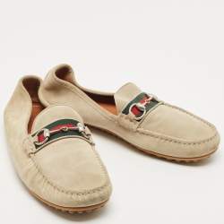 Gucci Beige Suede Web Horsebit Slip On Loafers Size 43