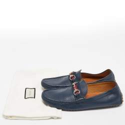 Gucci Navy Blue Leather Horsebit Slip On Loafers Size 42.5