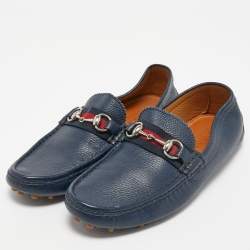 Gucci Navy Blue Leather Horsebit Slip On Loafers Size 42.5