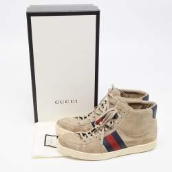 Gucci Grey Suede Web Detail High Top Sneakers Size 43.5