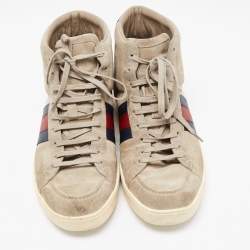 Gucci Grey Suede Web Detail High Top Sneakers Size 43.5