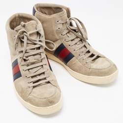 Gucci Grey Suede Web Detail High Top Sneakers Size 43.5