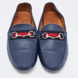 Pre Owned Gucci Blue Leather Web Horsebit Detail Slip On Loafers Size 44