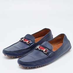 Pre Owned Gucci Blue Leather Web Horsebit Detail Slip On Loafers Size 44