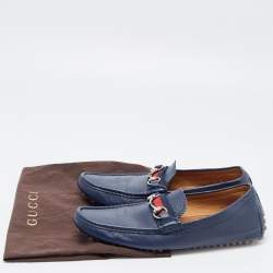 Pre Owned Gucci Blue Leather Web Horsebit Detail Slip On Loafers Size 44