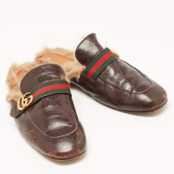 Gucci Dark Brown Leather and Fur Princetown Mules Size 48