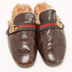 Gucci Dark Brown Leather and Fur Princetown Mules Size 48