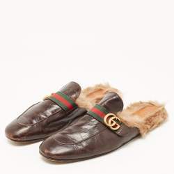 Gucci Dark Brown Leather and Fur Princetown Mules Size 48