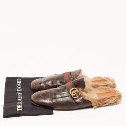 Gucci Dark Brown Leather and Fur Princetown Mules Size 48