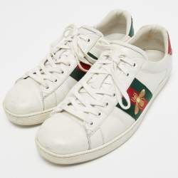 Pre Owned Gucci White Leather Embroidered Bee Ace Sneakers Size 42.5